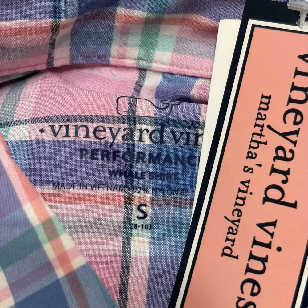 Vineyard Vines Shirt Boys Small 8-10 Pink Plaid Performance Whale Button Down